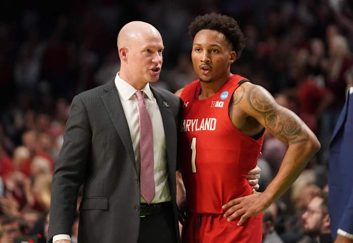 Maryland Terrapins head coach Kevin Willard talks to guard Jahmir Young (1) during the second half at Legacy Arena.